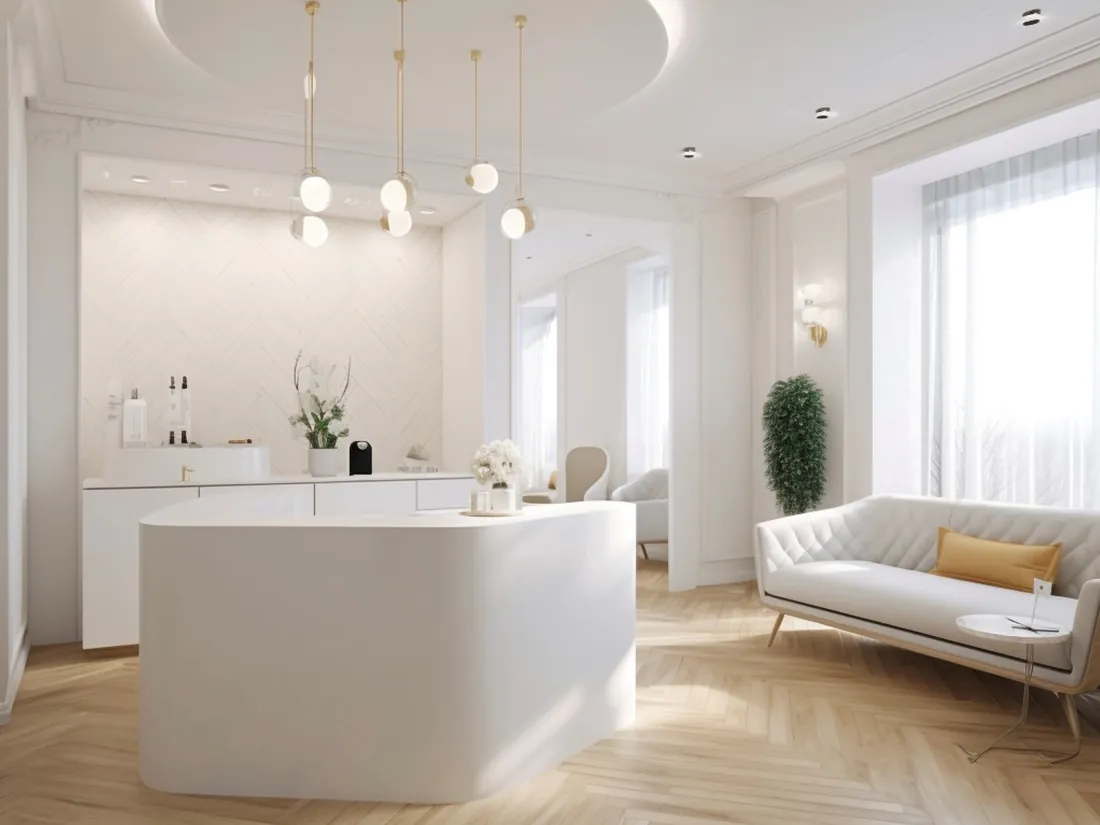 Recepción blanca y luminosa de una clínica estética